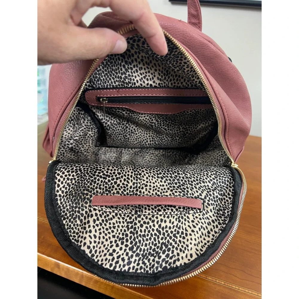 Mauve Pink Vegan Leather Mini Backpack Gold Hardware Animal Print Lining Small